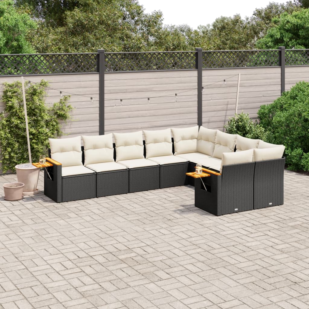 Salon de jardin 9 pcs avec coussins noir résine tressée