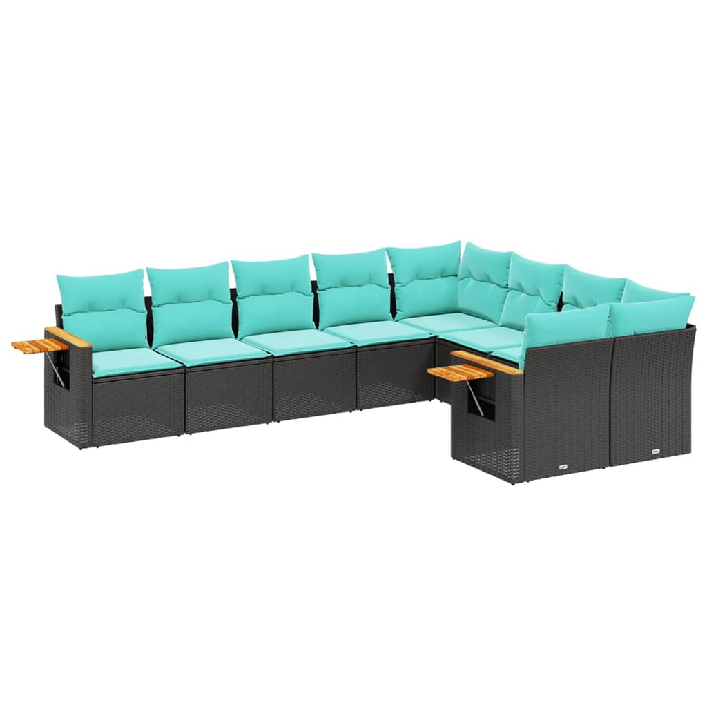 Salon de jardin 9 pcs avec coussins noir résine tressée