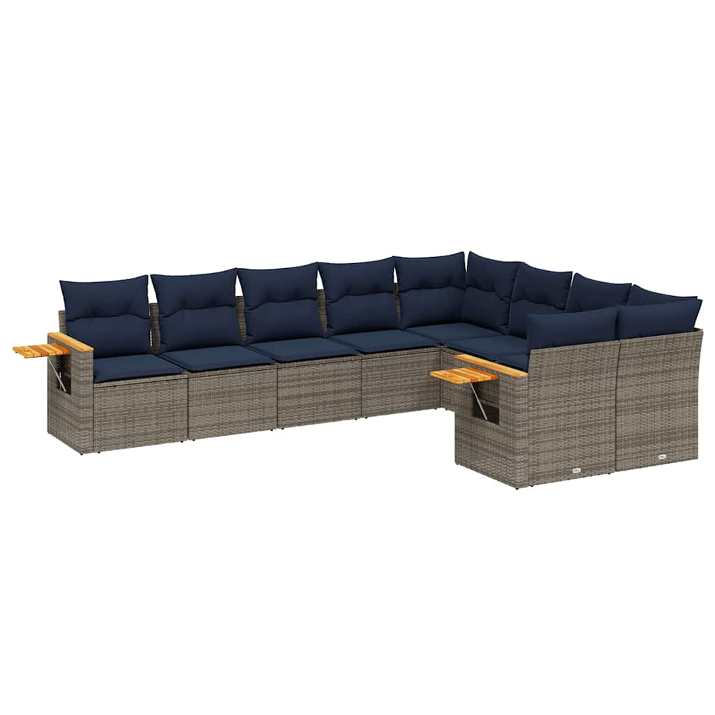 Salon de jardin 9 pcs avec coussins gris résine tressée