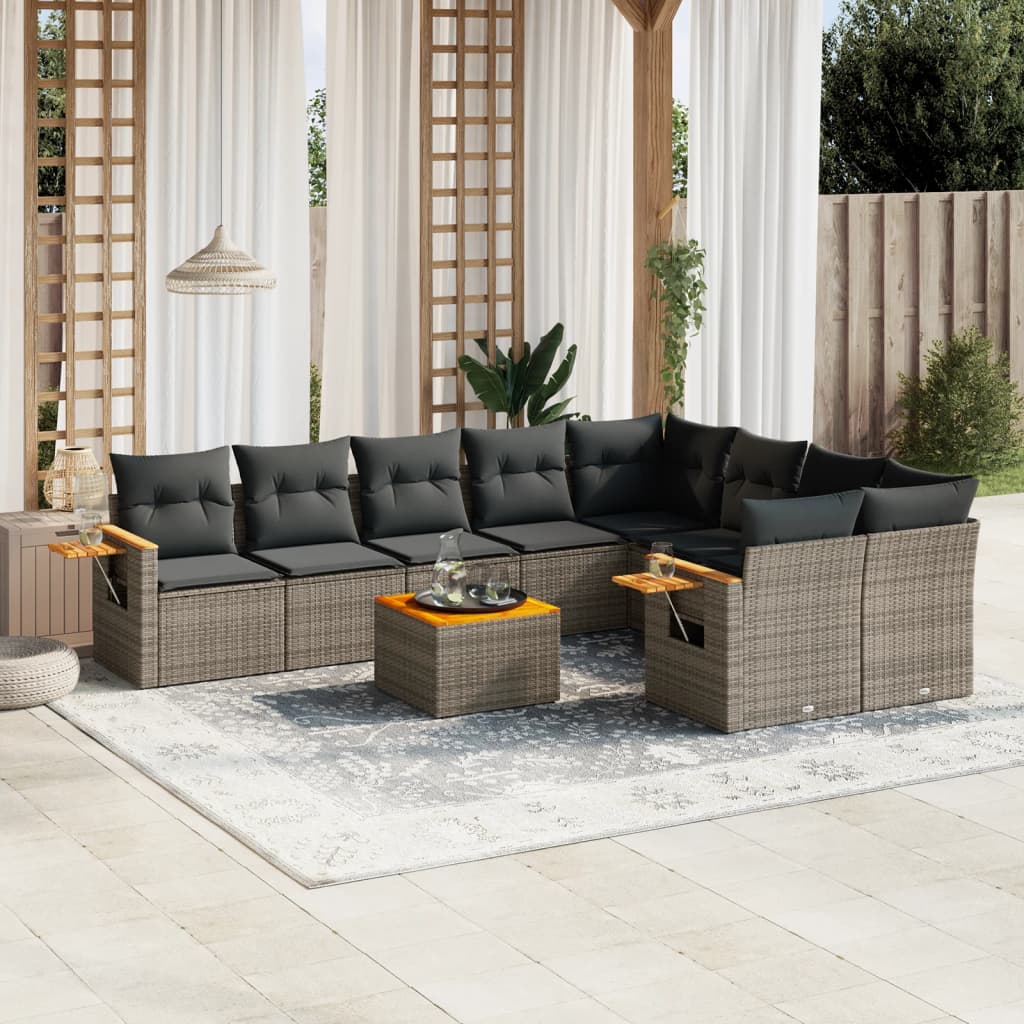 Salon de jardin avec coussins 10 pcs gris résine tressée