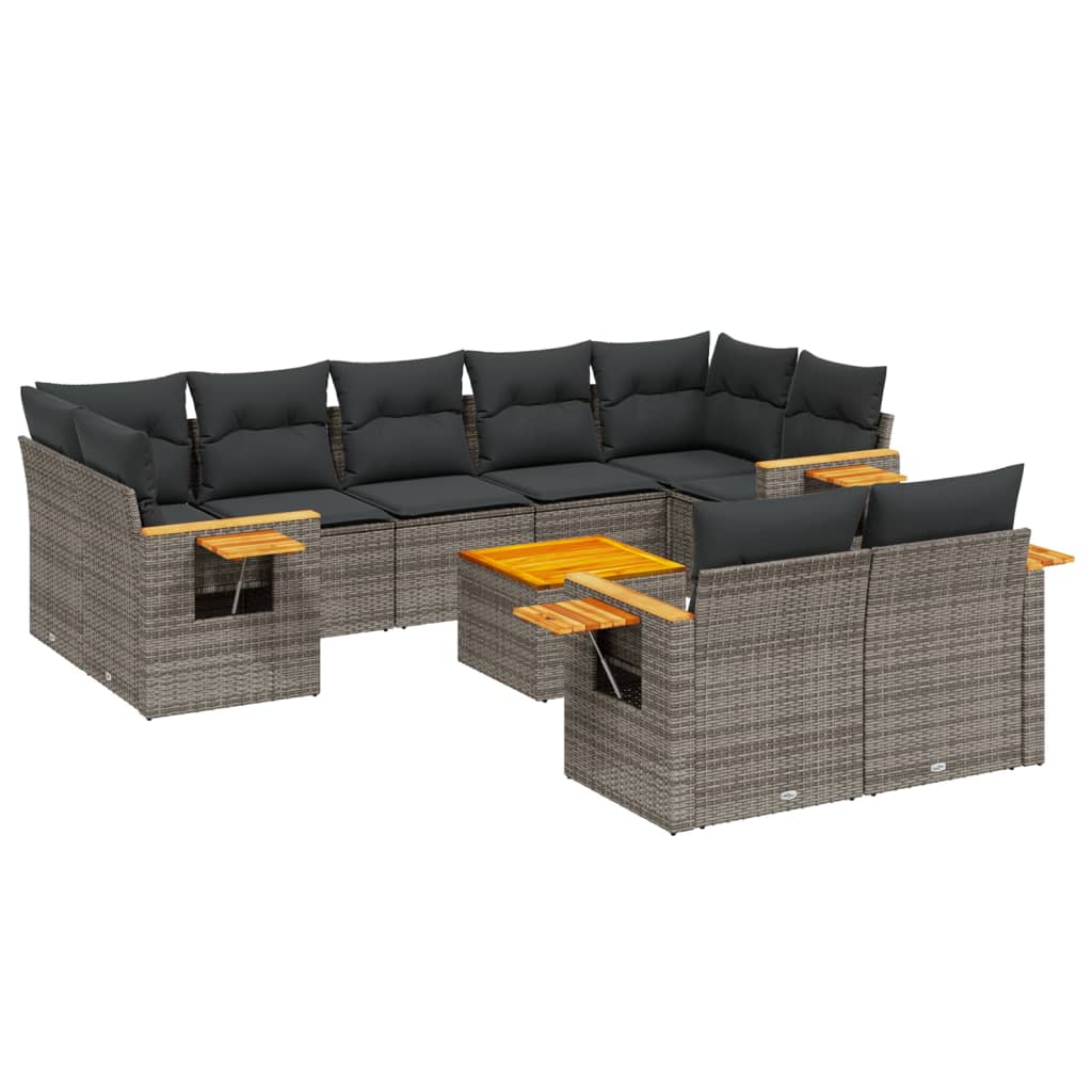 Salon de jardin avec coussins 10 pcs gris résine tressée