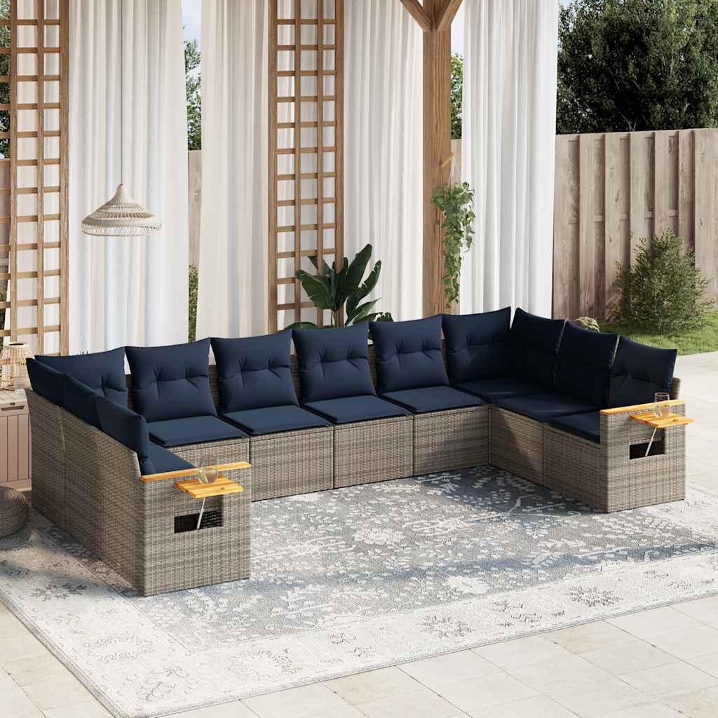 Salon de jardin 10 pcs avec coussins gris résine tressée