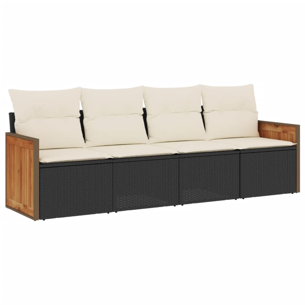 Salon de jardin 4 pcs avec coussins noir résine tressée
