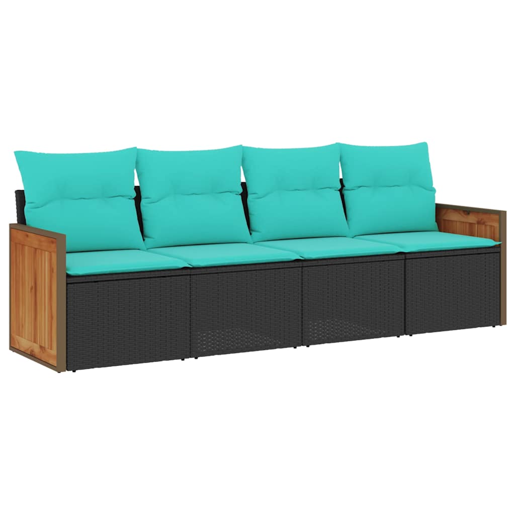 Salon de jardin 4 pcs avec coussins noir résine tressée