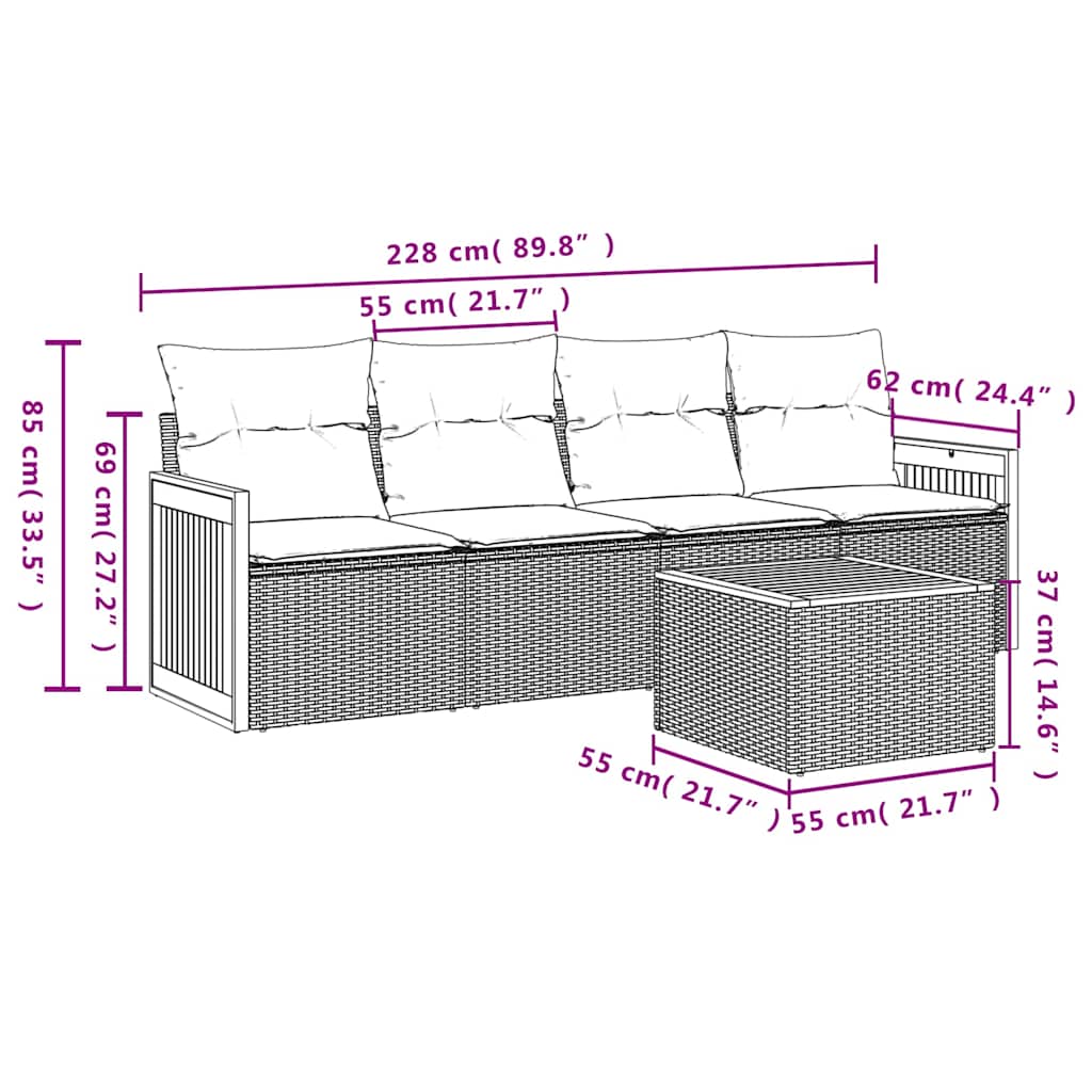 Ensemble de canapé de jardin 5 pcs avec coussins noir résine tressée