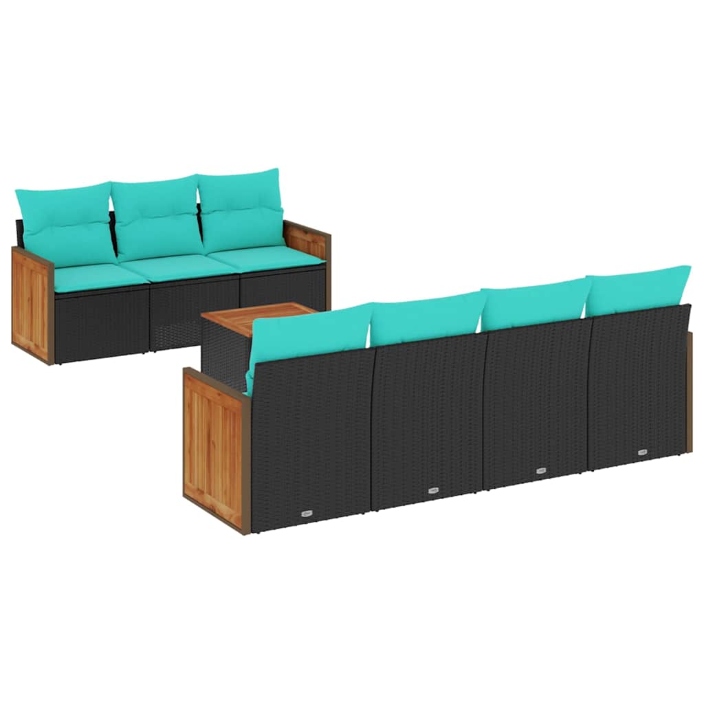 Ensemble de canapé de jardin 8 pcs avec coussins noir résine tressée