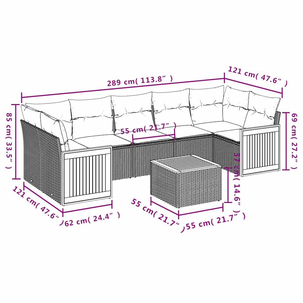 Ensemble de canapé de jardin 8 pcs avec coussins gris résine tressée