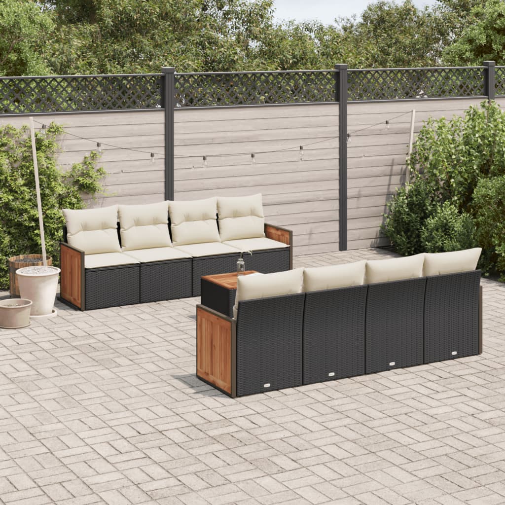 Salon de jardin 9 pcs avec coussins noir résine tressée