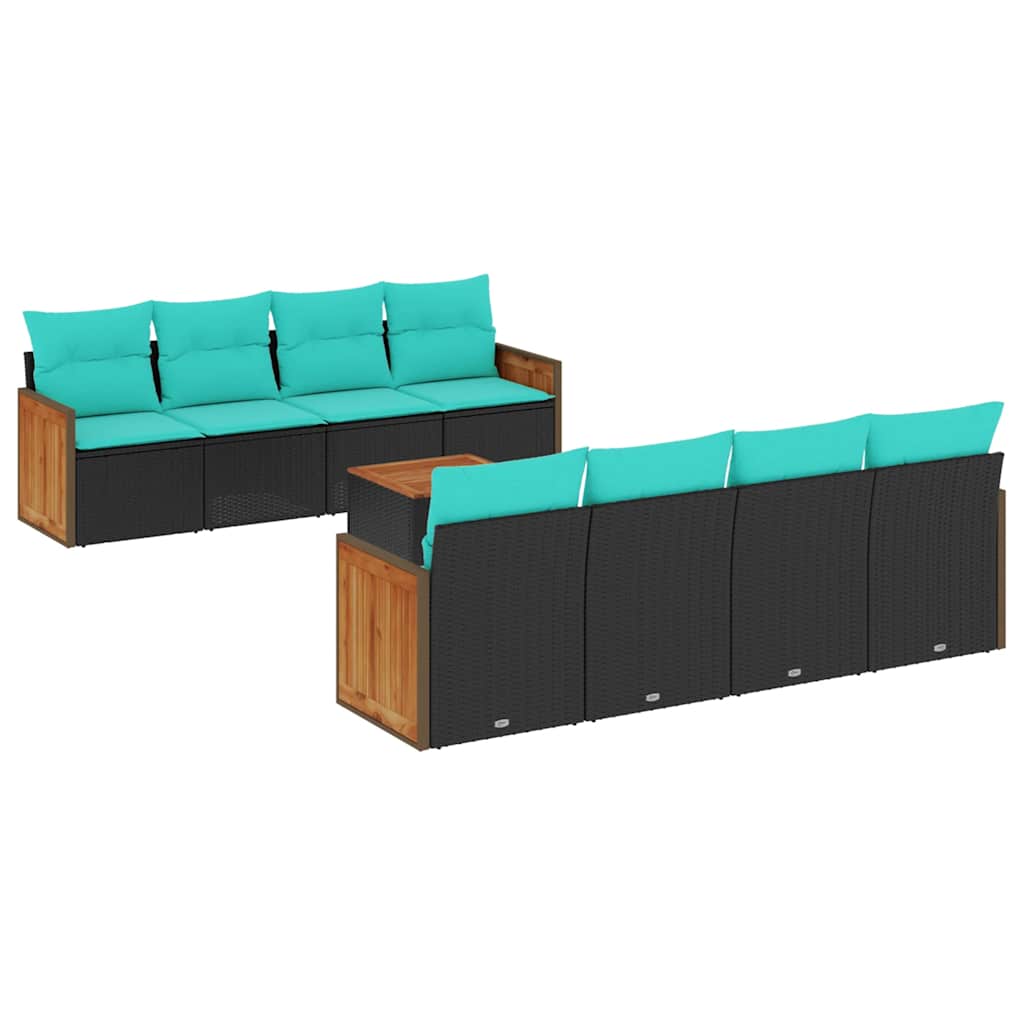 Ensemble de canapé de jardin 9 pcs avec coussins noir résine tressée