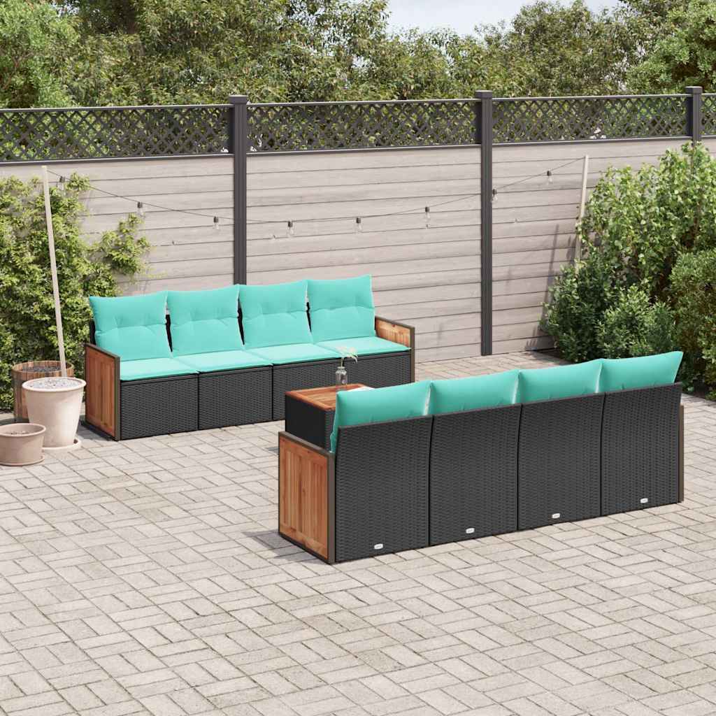 Ensemble de canapé de jardin 9 pcs avec coussins noir résine tressée
