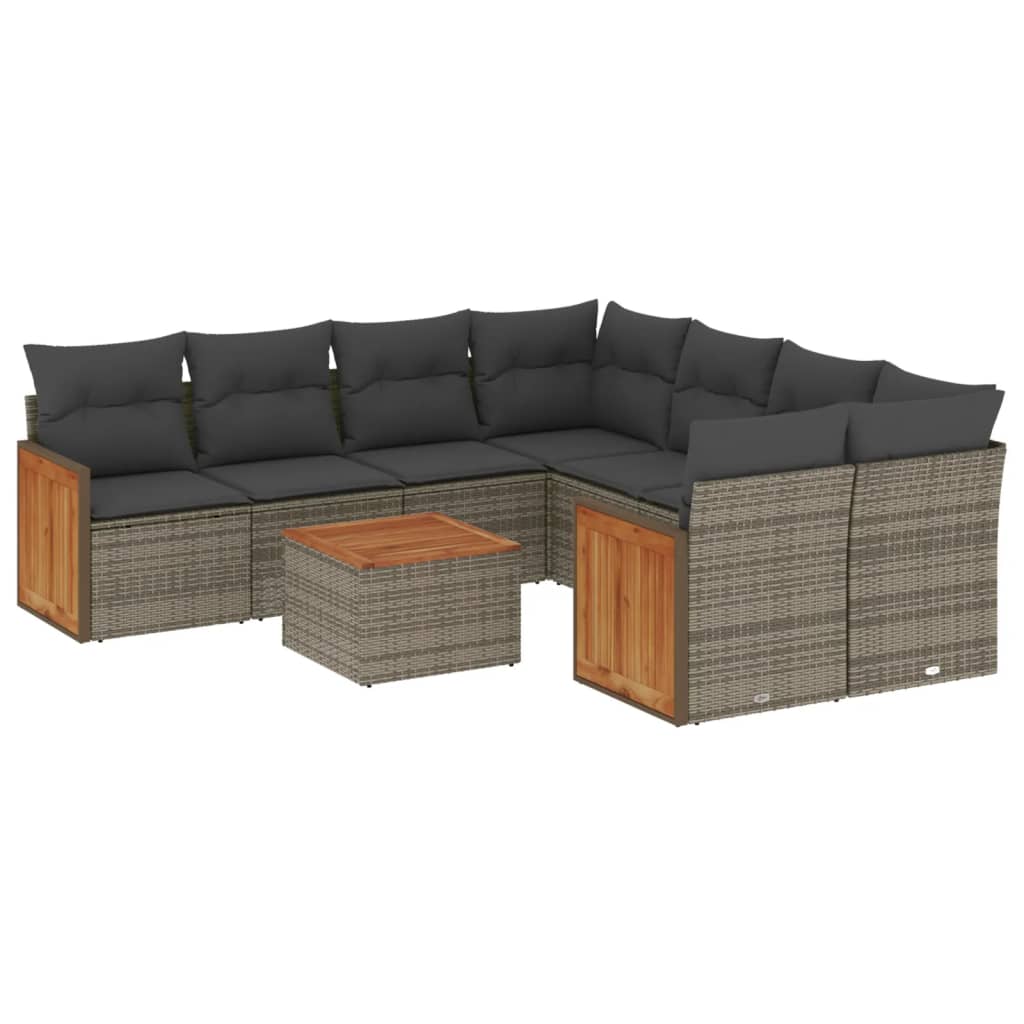 Salon de jardin 9 pcs avec coussins gris résine tressée