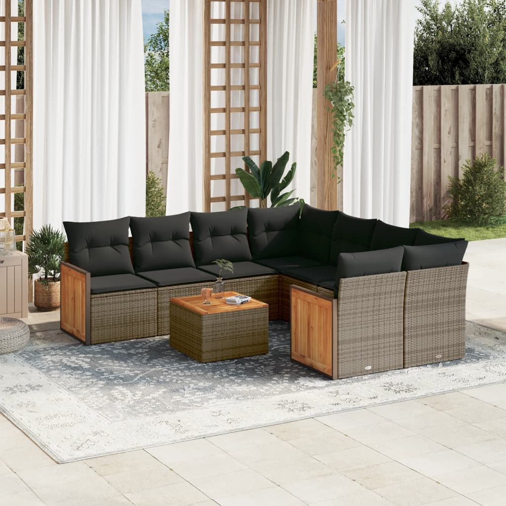 Salon de jardin 9 pcs avec coussins gris résine tressée
