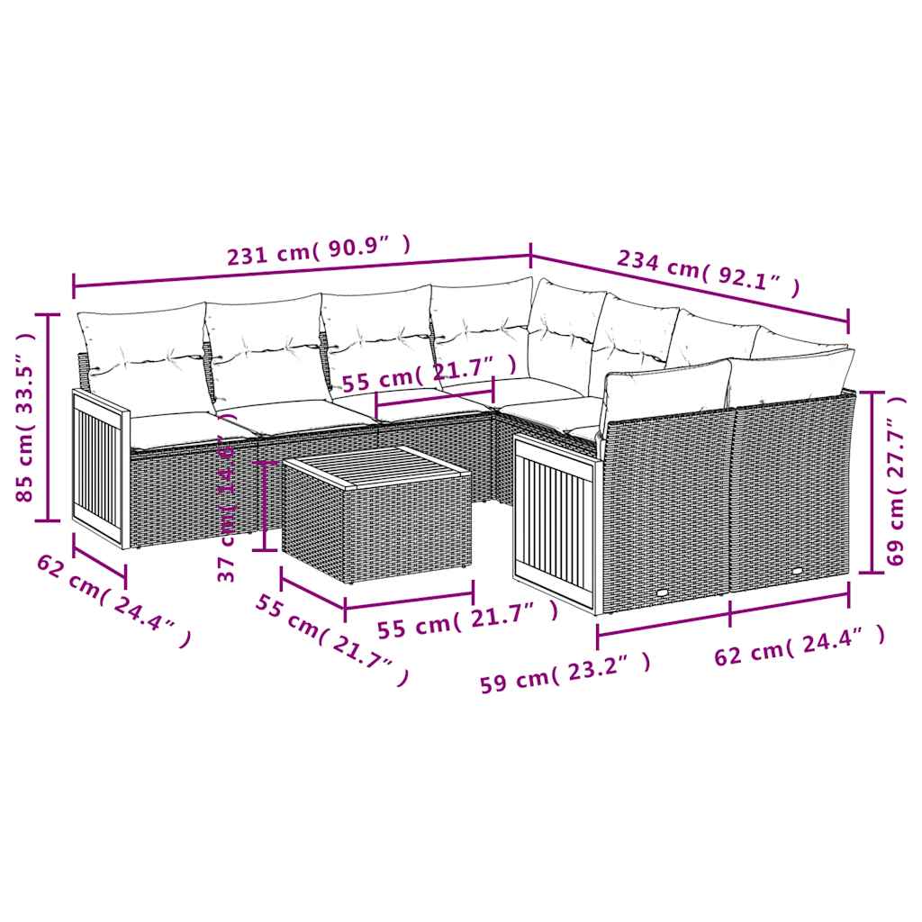 Ensemble de canapé de jardin 9 pcs avec coussins gris résine tressée