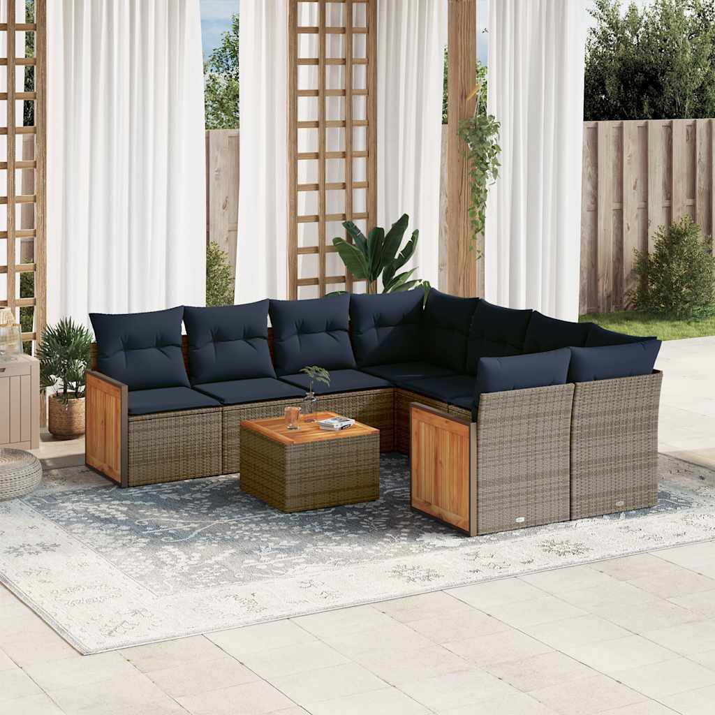 Ensemble de canapé de jardin 9 pcs avec coussins gris résine tressée
