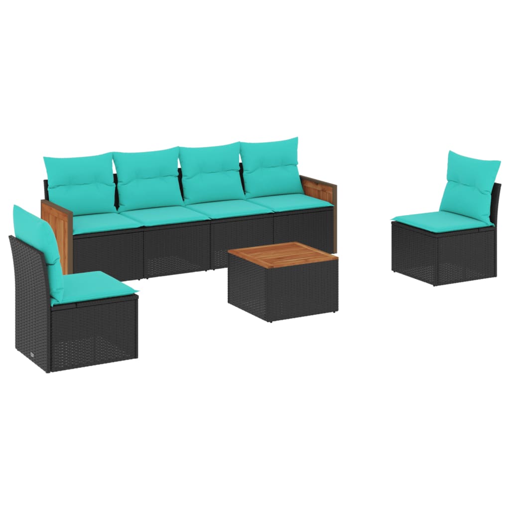 Ensemble de canapé de jardin 7 pcs avec coussins noir résine tressée