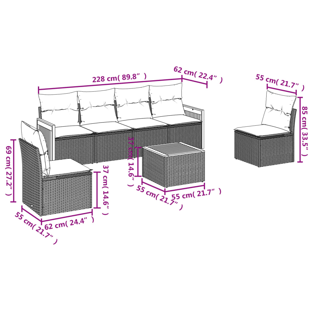 Salon de jardin avec coussins 7 pcs gris résine tressée