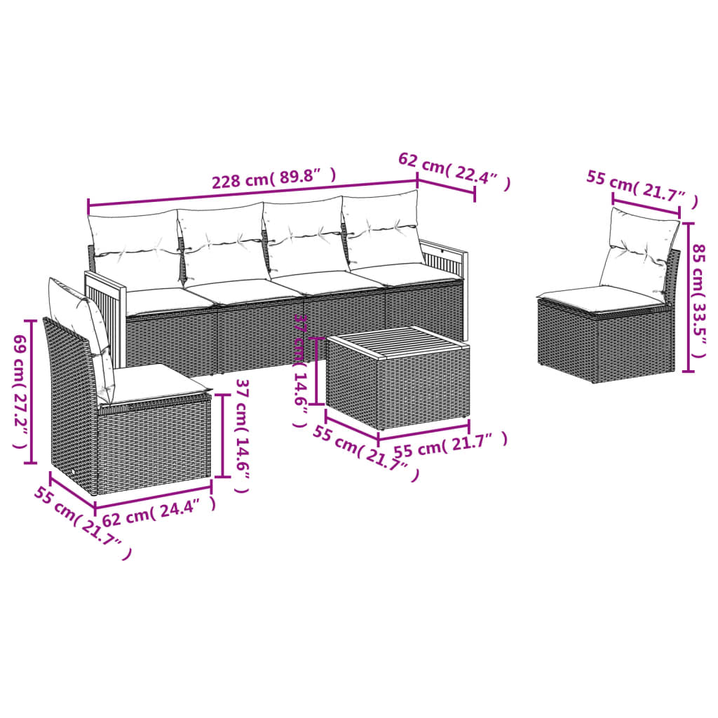 Ensemble de canapé de jardin 7 pcs avec coussins gris résine tressée