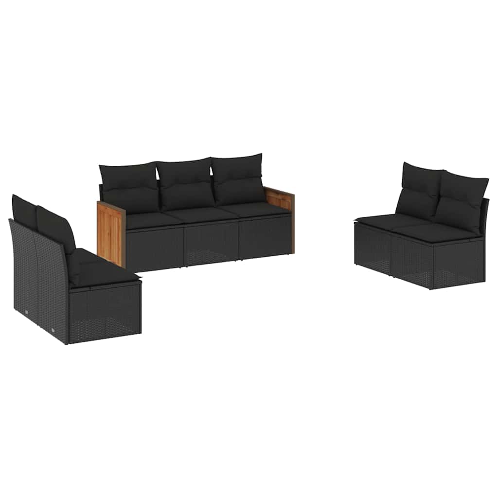 Salon de jardin 7 pcs avec coussins noir résine tressée