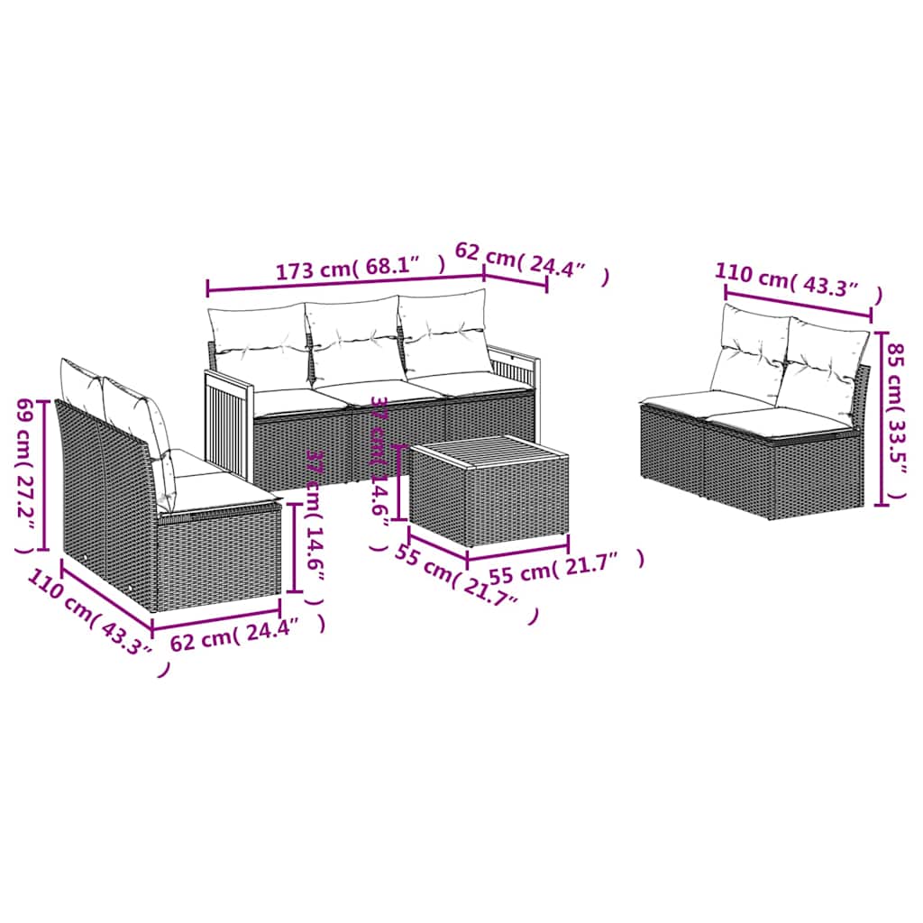 Ensemble de canapé de jardin 8 pcs avec coussins noir résine tressée