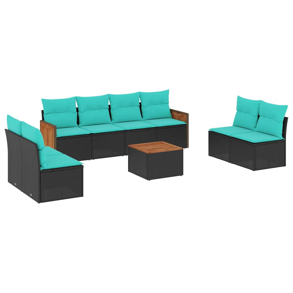 Ensemble de canapé de jardin 9 pcs avec coussins noir résine tressée