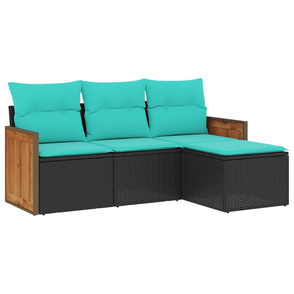 Salon de jardin 4 pcs avec coussins noir résine tressée