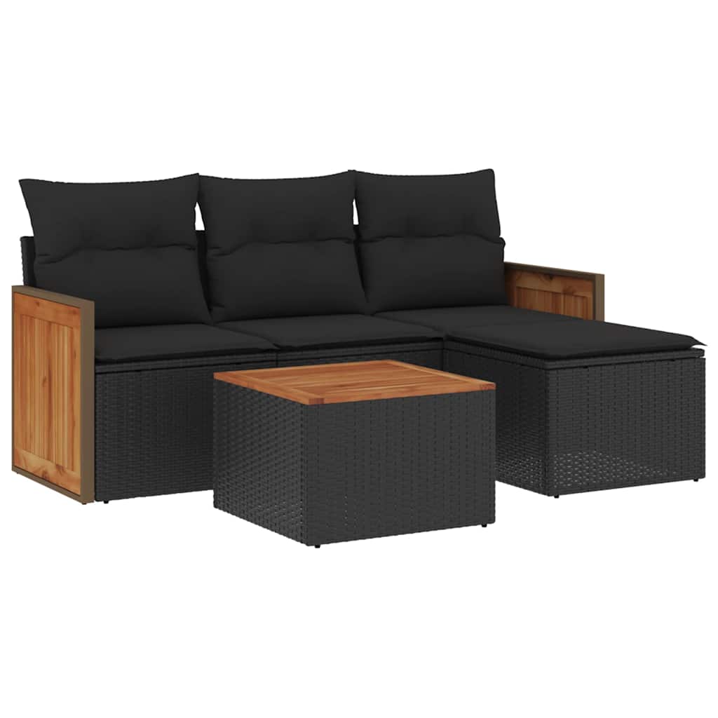 Salon de jardin 5 pcs avec coussins noir résine tressée