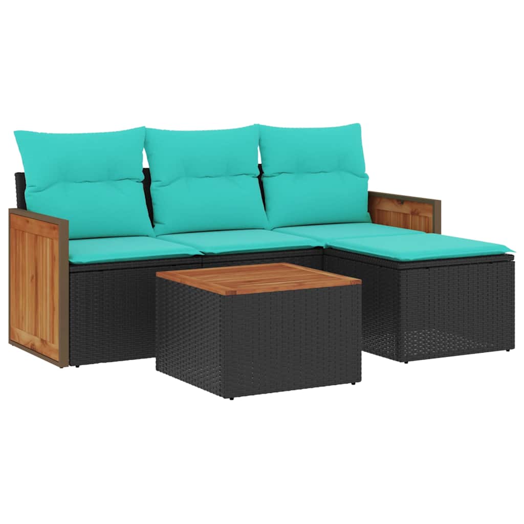 Ensemble de canapé de jardin 5 pcs avec coussins noir résine tressée