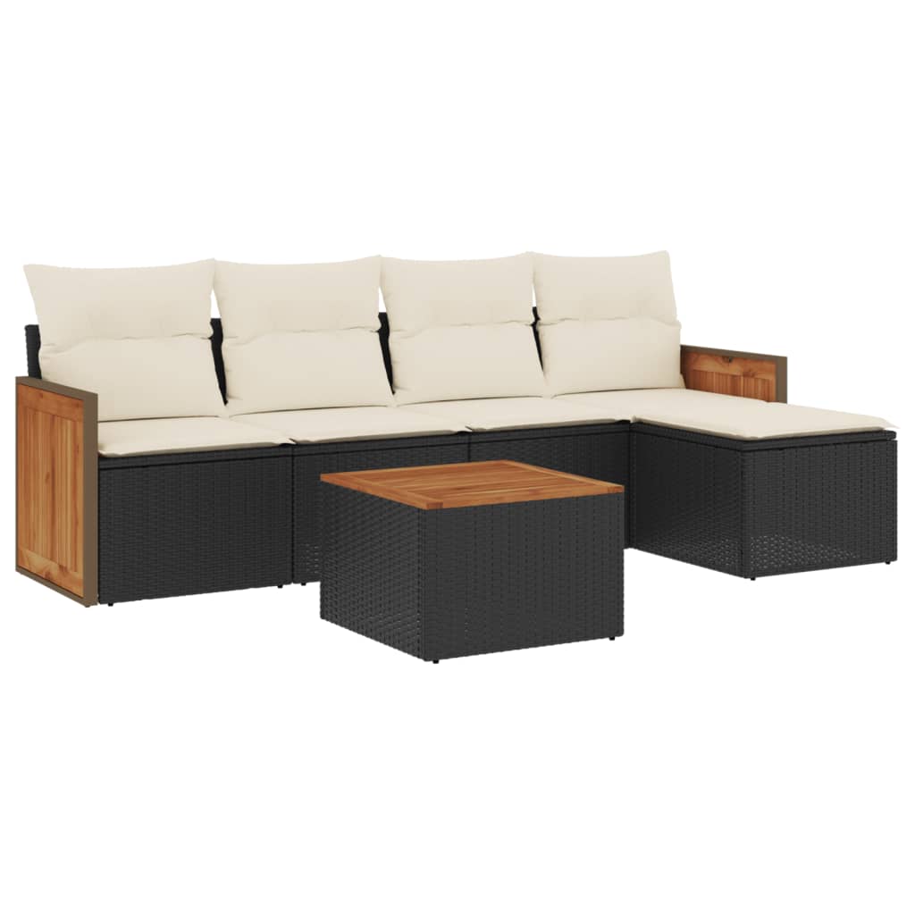 Salon de jardin 6 pcs avec coussins noir résine tressée