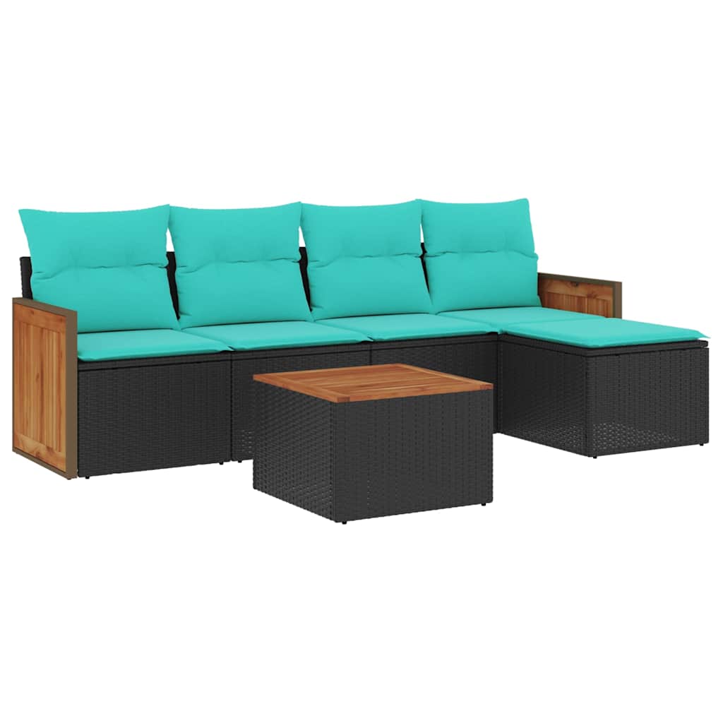 Ensemble de canapé de jardin 6 pcs avec coussins noir résine tressée