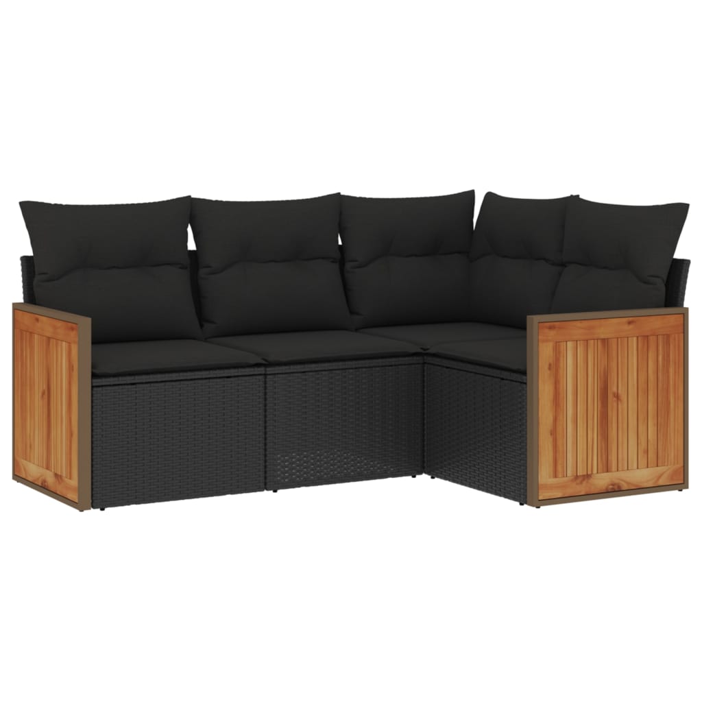 Salon de jardin 4 pcs avec coussins noir résine tressée