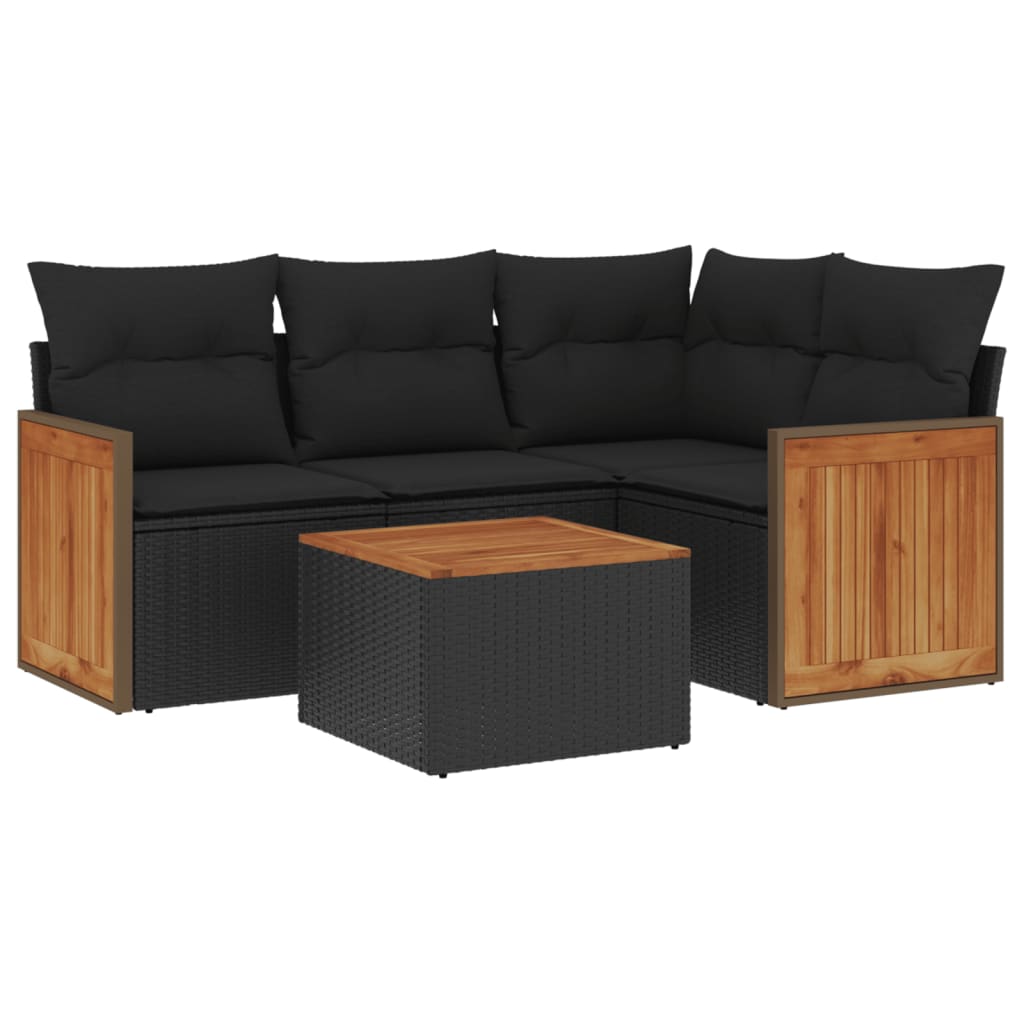 Salon de jardin 5 pcs avec coussins noir résine tressée