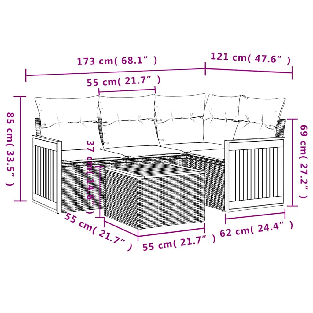 Ensemble de canapé de jardin 5 pcs avec coussins noir résine tressée