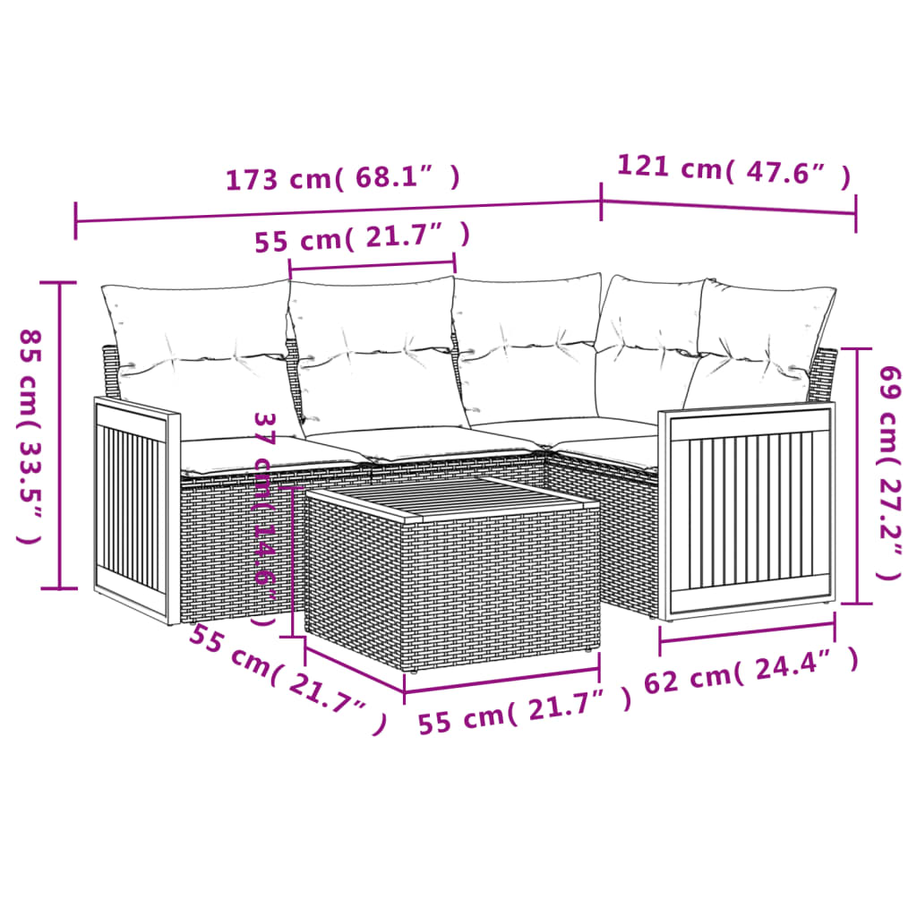 Ensemble de canapé de jardin 5 pcs avec coussins gris résine tressée