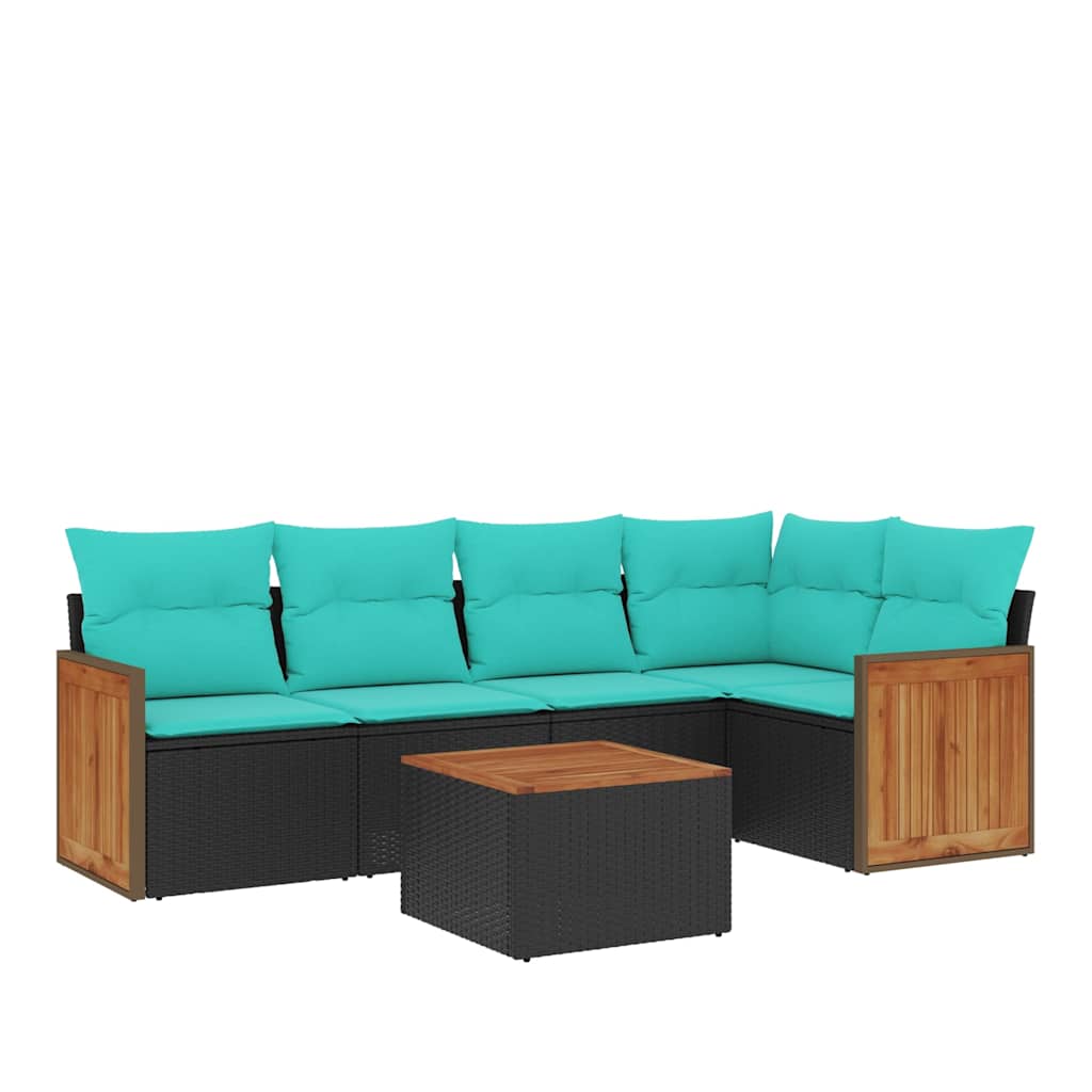 Ensemble de canapé de jardin 6 pcs avec coussins noir résine tressée