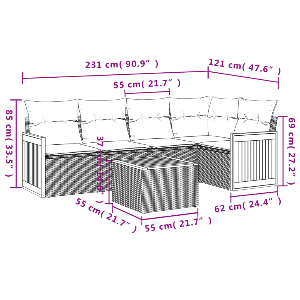 Salon de jardin avec coussins 6 pcs beige résine tressée