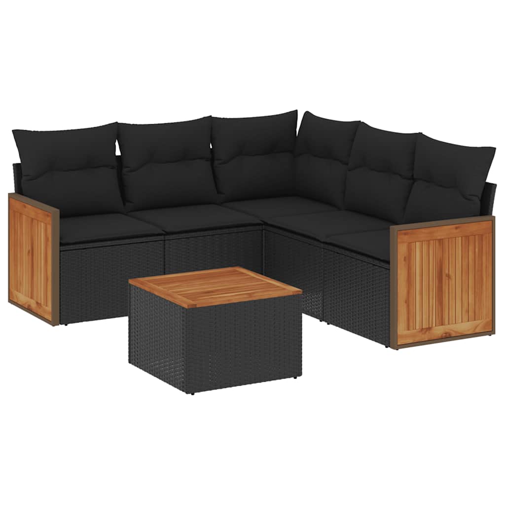 Salon de jardin 6 pcs avec coussins noir résine tressée