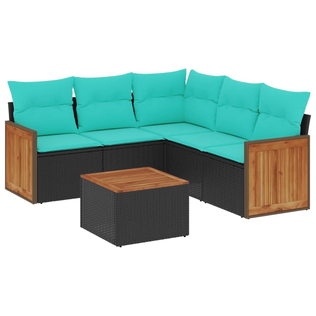 Ensemble de canapé de jardin 6 pcs avec coussins noir résine tressée