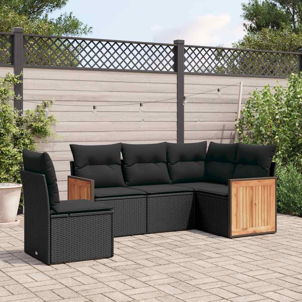 Salon de jardin 5 pcs avec coussins noir résine tressée