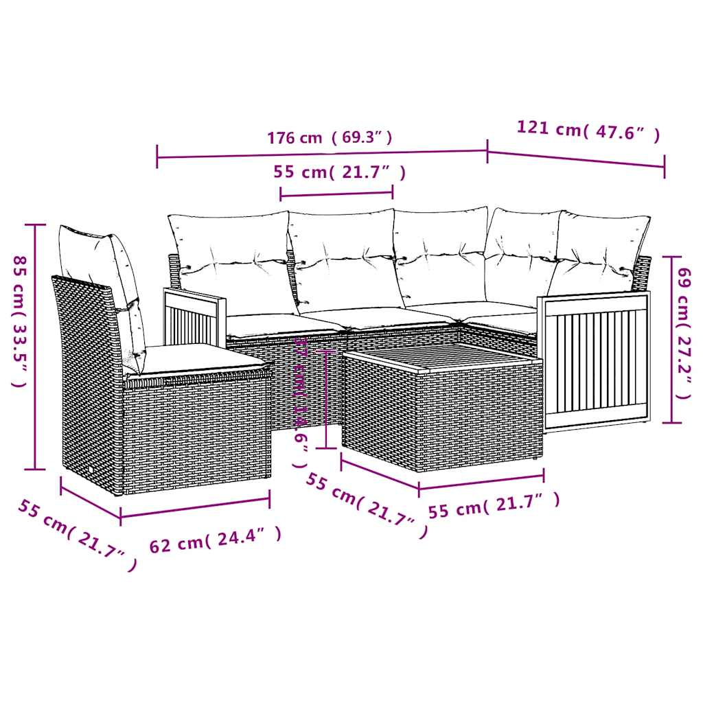 Ensemble de canapé de jardin 6 pcs avec coussins noir résine tressée