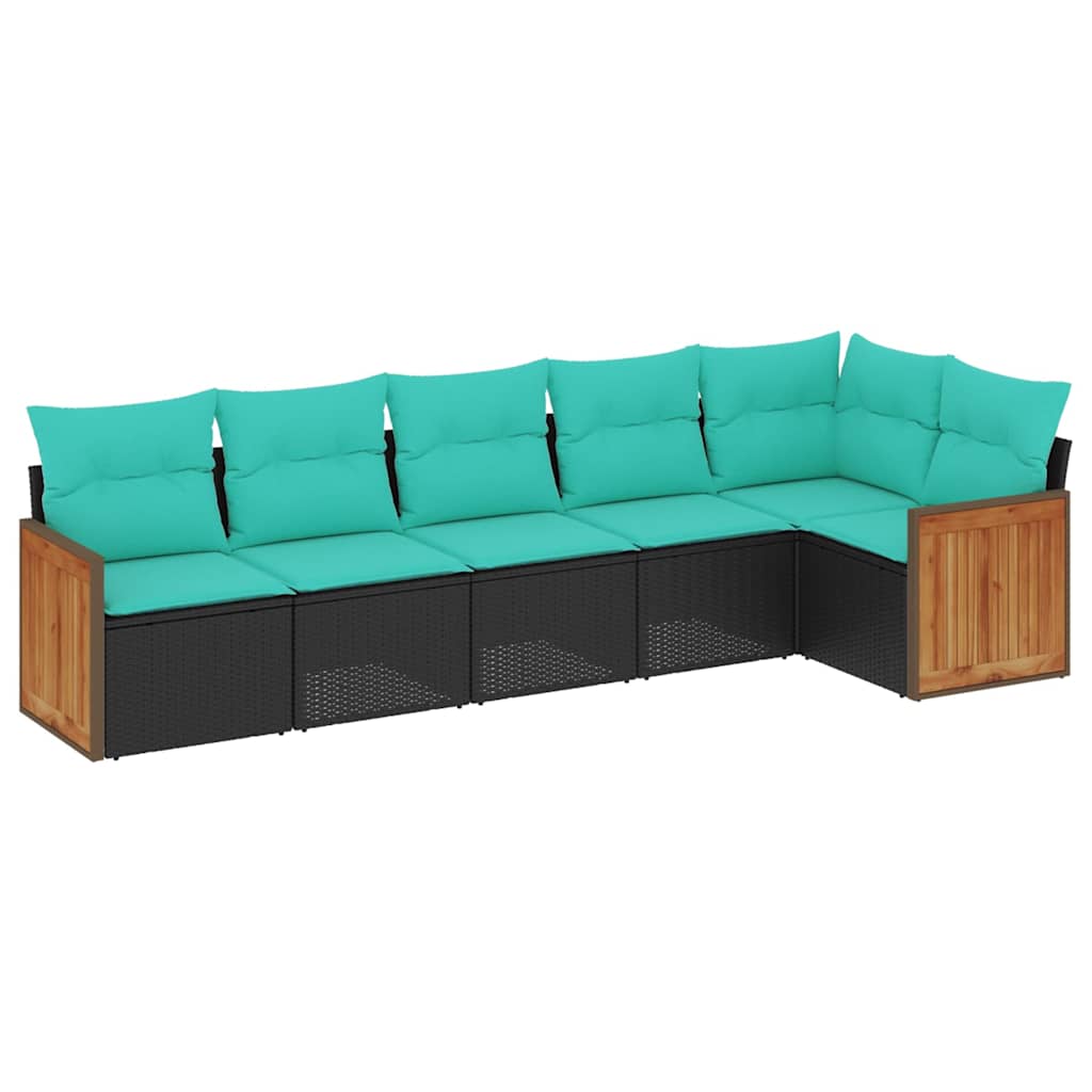 Salon de jardin 6 pcs avec coussins noir résine tressée