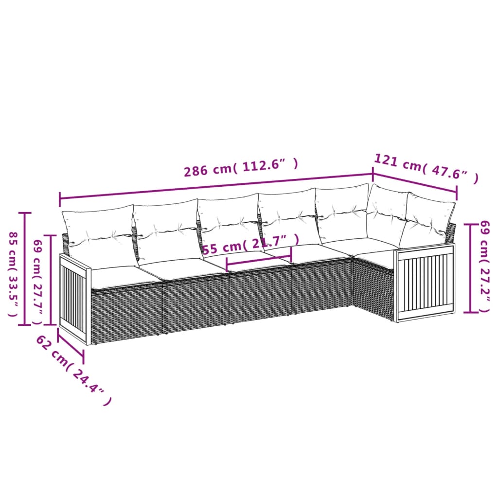 Salon de jardin 6 pcs avec coussins gris résine tressée