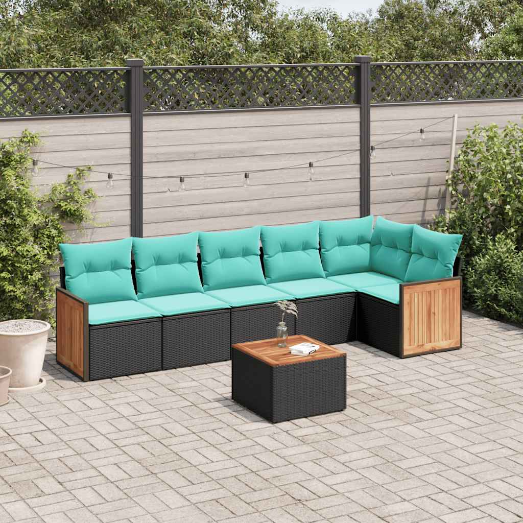 Ensemble de canapé de jardin 7 pcs avec coussins noir résine tressée