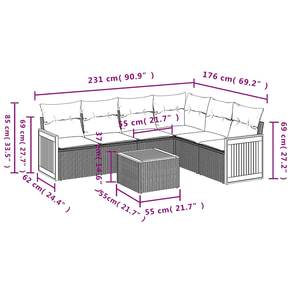 Salon de jardin 7 pcs avec coussins noir résine tressée