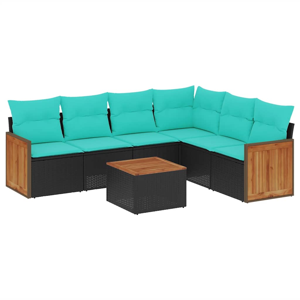 Ensemble de canapé de jardin 7 pcs avec coussins noir résine tressée