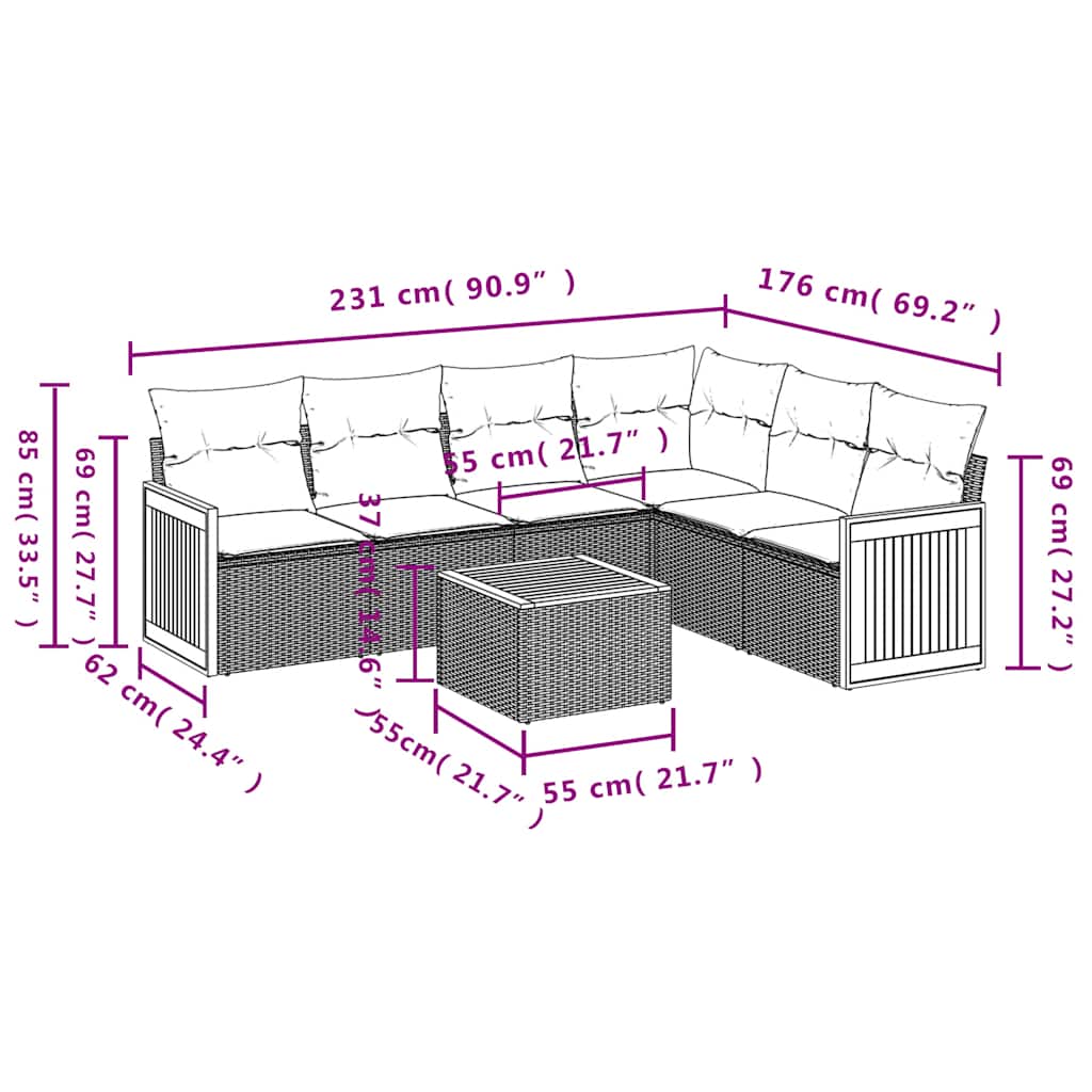 Ensemble de canapé de jardin 7 pcs avec coussins noir résine tressée