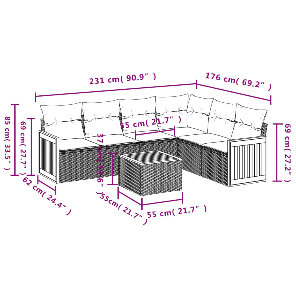 Ensemble de canapé de jardin 7 pcs avec coussins gris résine tressée