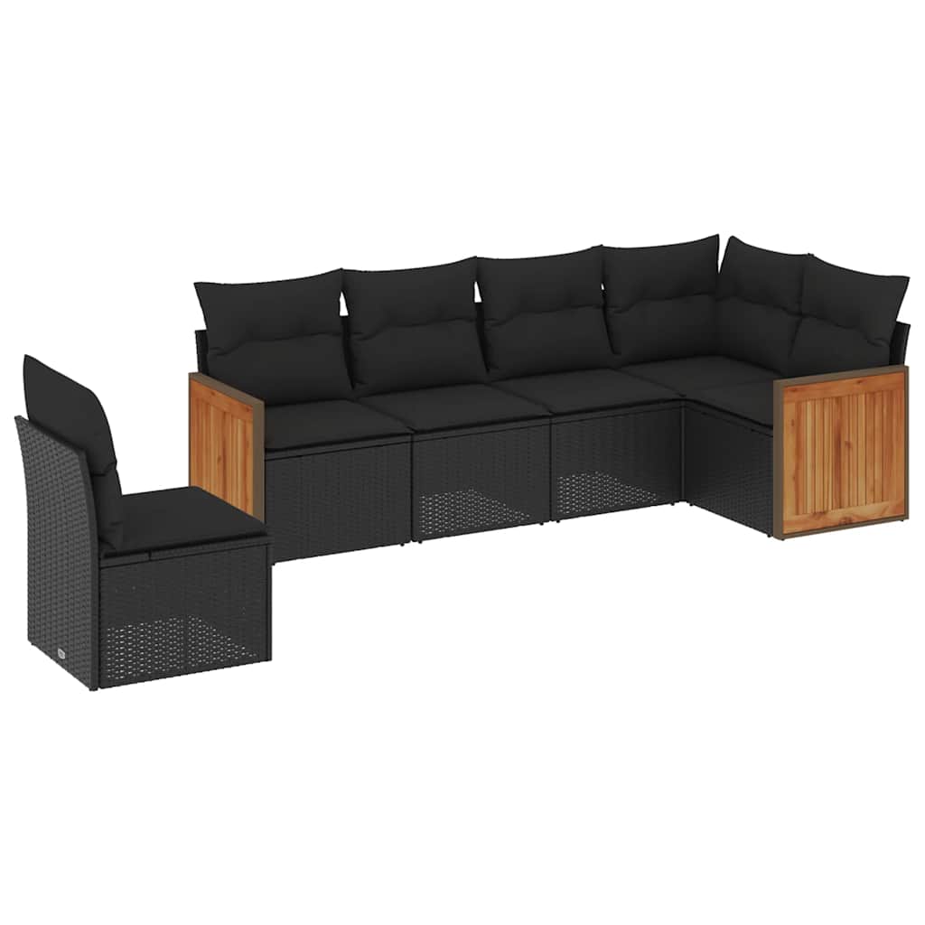 Salon de jardin 6 pcs avec coussins noir résine tressée