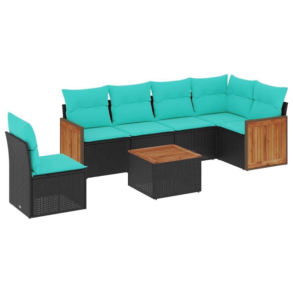 Ensemble de canapé de jardin 7 pcs avec coussins noir résine tressée