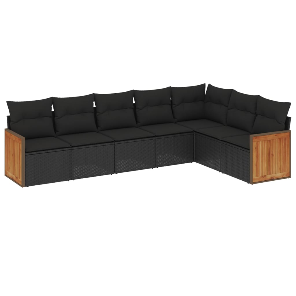 Salon de jardin 7 pcs avec coussins noir résine tressée