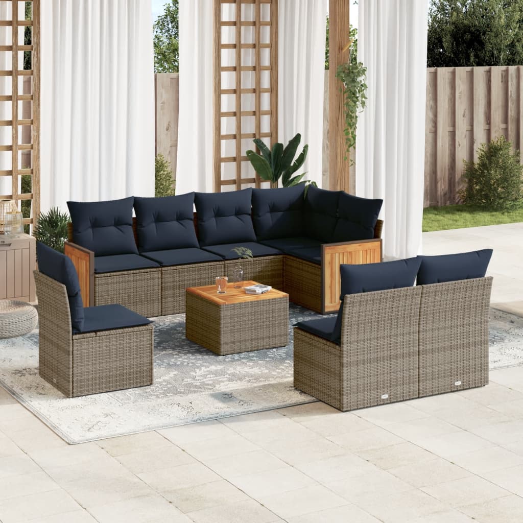 Ensemble de canapé de jardin 9 pcs avec coussins gris résine tressée
